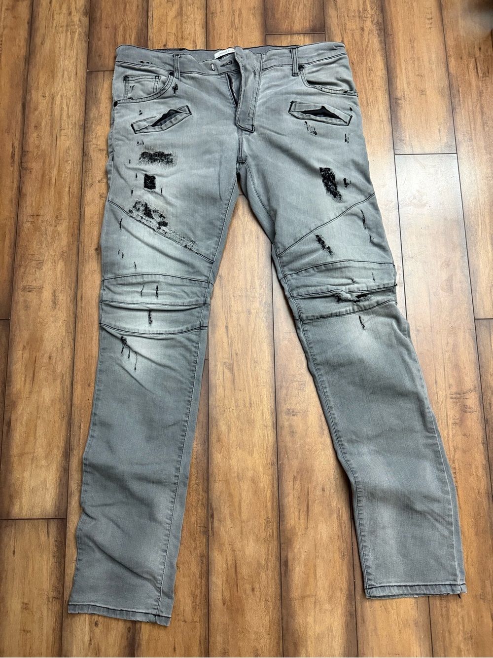 Pierre Balmain Light Gray Denim Jeans with Black Leather Logo Patch